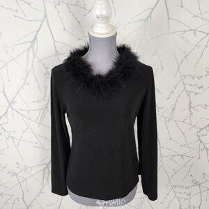 Claudia Richard Black Faux Fur Feather Collar Long Sleeve Top